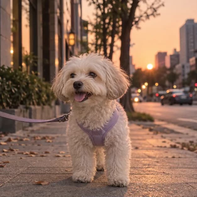 A small cream dog pausing on a quiet evening sidewalk