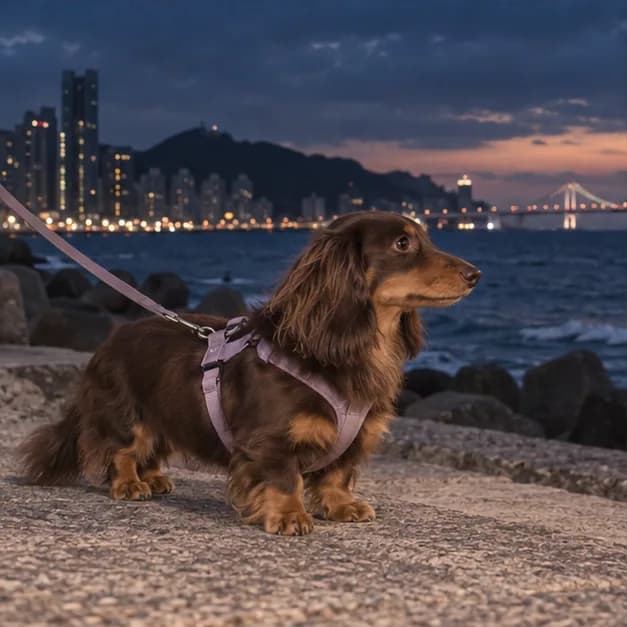 A warm brown dachshund exploring a seaside path at dusk