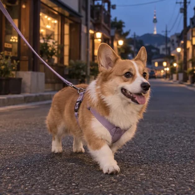A golden corgi enjoying a twilight neighborhood walk