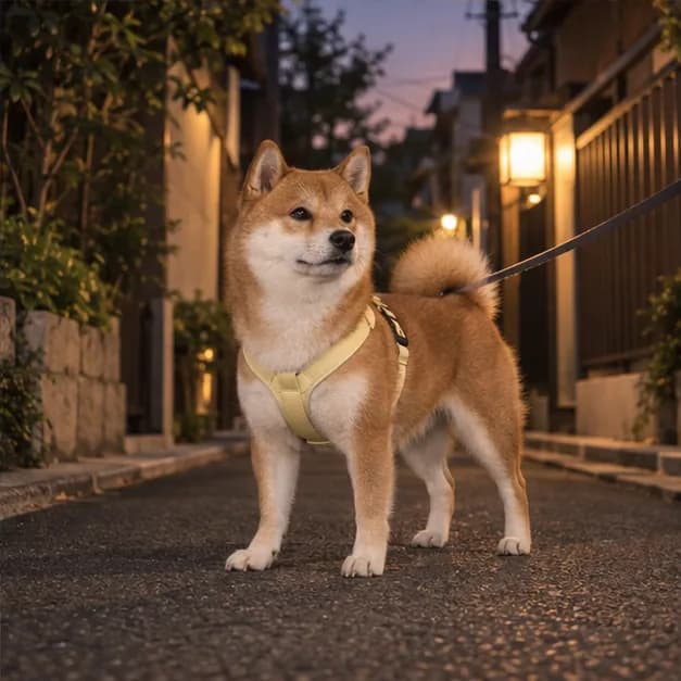 A Shiba Inu out for a walk under warm neighborhood lights